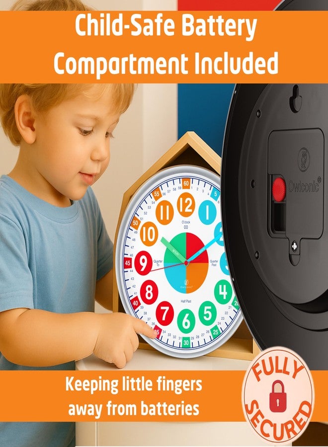 OWLCONIC Kids Clock, Non Ticking Analog Clocks for Learning to Tell Time, Teaching Clock for Kids Wall, Clocks for Classroom, Homeschool Decor, Bedrooms, Silent, Homeschooling Resource. - Image 5
